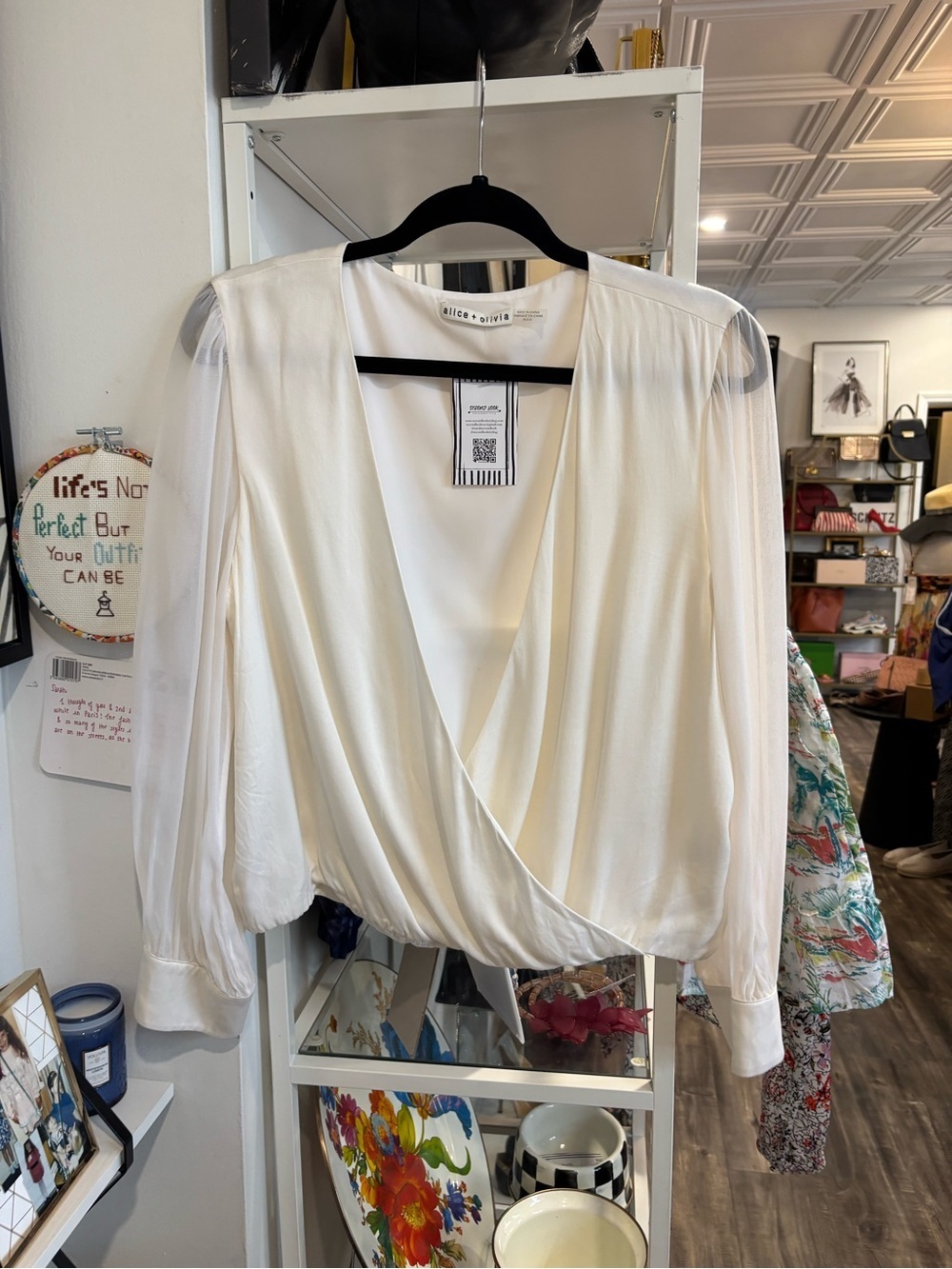 Alice + Olivia Cream Wrap Satin Blouse